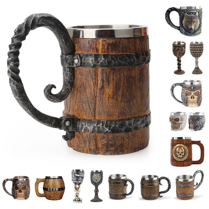 Viking-Style Wooden Beer Mug – Insulated Metal Barrel Cup for Drinks (1PCS)