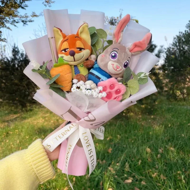 Zootopia Plush Dolls – Judy Hopps & Nick Wilde Handmade Plush Bouquet, Creative Gift for Christmas, Birthday & Valentine’s Day