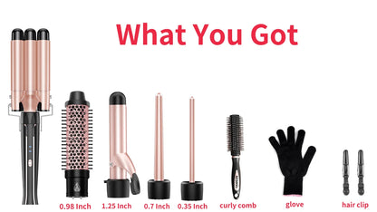 5 in 1 Hair Curler Wand Set with Curling Brush – 0.35” to 1.25” Curling Iron, Heat Resistant Glove & Hair Clips