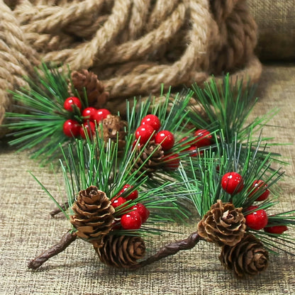 10pcs Artificial Pine Cones & Red Berries – Christmas Tree Toppers & Holiday Decor Set