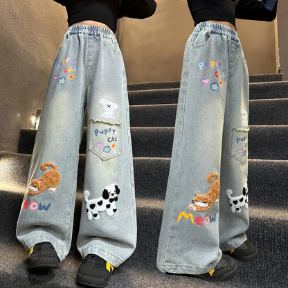 Girls’ Cartoon Embroidered Wide-Leg Jeans – Autumn Fashion Denim Pants for Kids & Teenagers, Ages 4-14