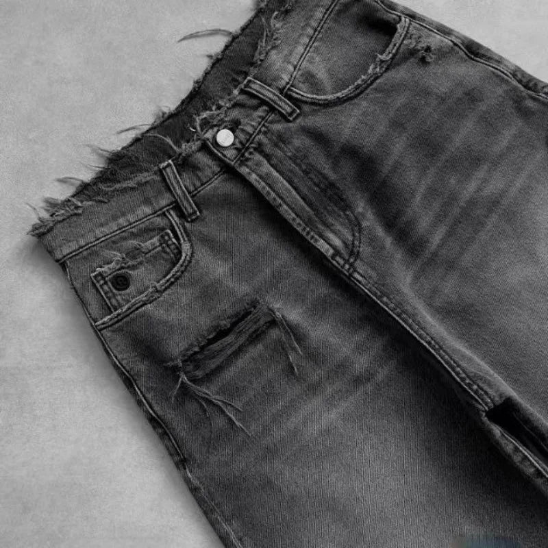 Deeptown Washed Ripped Short Jeans – Unisex Wide Leg Baggy Jorts with Hole Embroidery, Retro American Streetwear for Summer