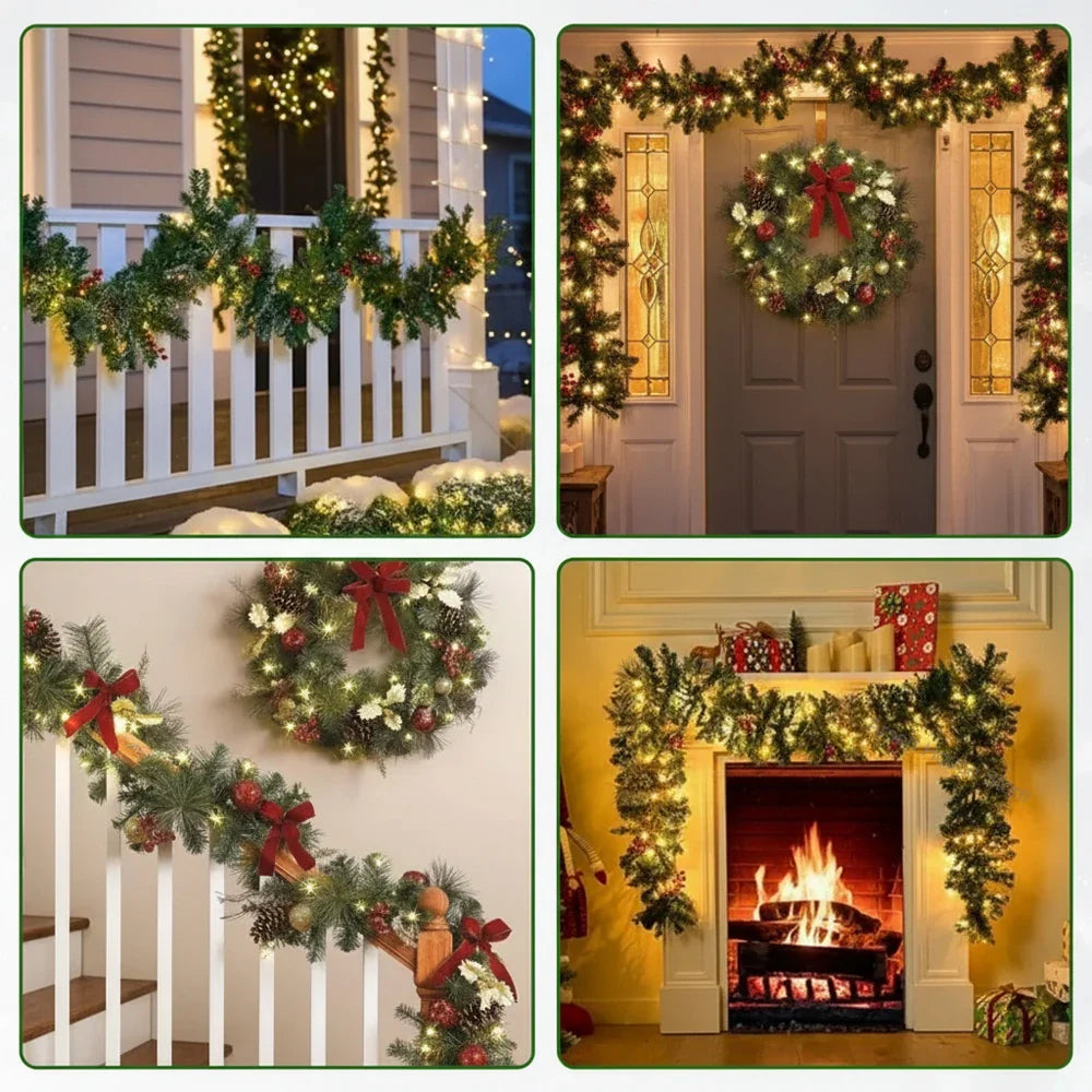 Christmas Garland Wreath with Pinecones & Red Berries – Artificial LED Rattan Decor for Tree, Stairs & Door