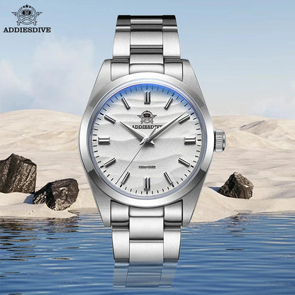 ADDIESDIVE AD2030 Men’s Quartz Watch — 36MM Simple Steel Dive Wristwatch, 10Bar Waterproof, Bubble Mirror Glass Sports Timepiece