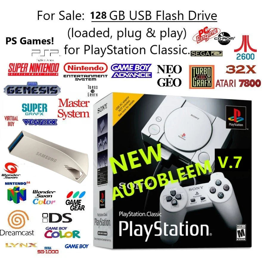 128GB Flash Drive U-Disk for PlayStation Classic – 8379 Games + 182 PS1 Games, Plug & Play with Micro USB OTG Cable