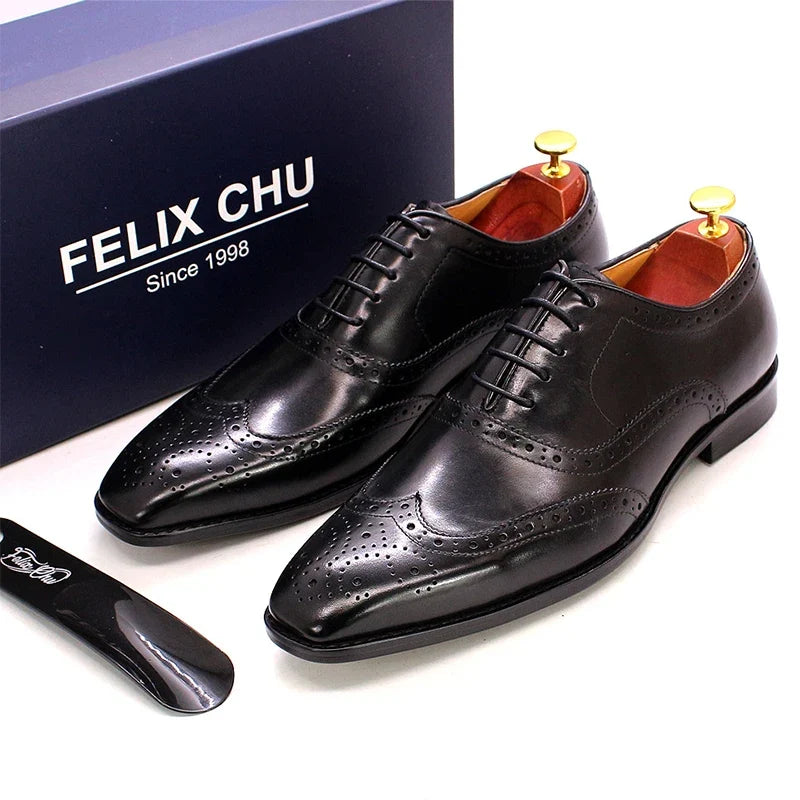 Men's Handmade Wingtip Oxford Shoes - Genuine Calfskin Leather Brogue Dress Shoes