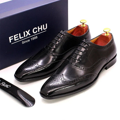 Men's Handmade Wingtip Oxford Shoes - Genuine Calfskin Leather Brogue Dress Shoes