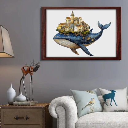 Artisan Whale Castle Wooden Puzzle – Handcrafted Animal Village & Marine Wall Art, Intermediate Family Game