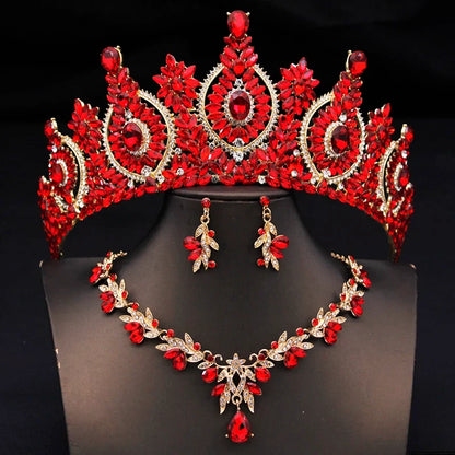 Rhinestone Bridal Tiara Jewelry Set - Wedding Crown with Necklace and Earrings for Women