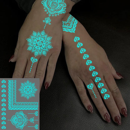 Blue Luminous Glow Henna Temporary Tattoo Stickers – Waterproof Mandala Lace Floral Body Art for Women & Men