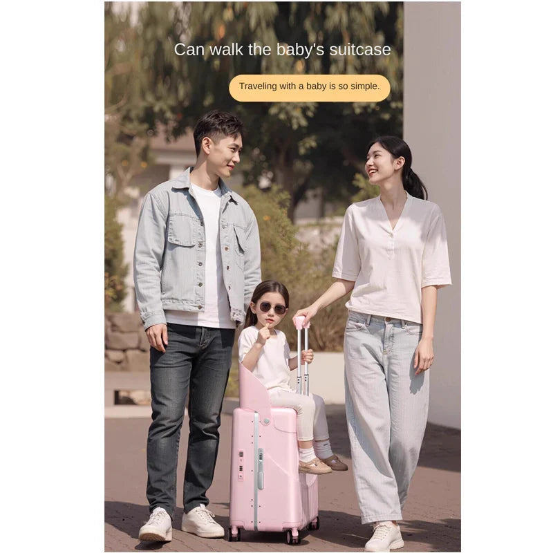 2025 Kids Suitcase with Seat & Charging Port – Baby Boarding Trolley Luggage with Safety Belts & Side Opening, 20/22/24 inch