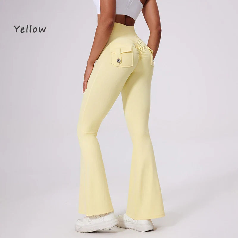 DIAS FIT JOY Women’s High-Waisted Bell Bottom Yoga Pants – Pocket Hip-Lifting Quick-Dry Fitness Gym & Running Leggings