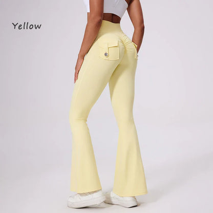 DIAS FIT JOY Women’s High-Waisted Bell Bottom Yoga Pants – Pocket Hip-Lifting Quick-Dry Fitness Gym & Running Leggings