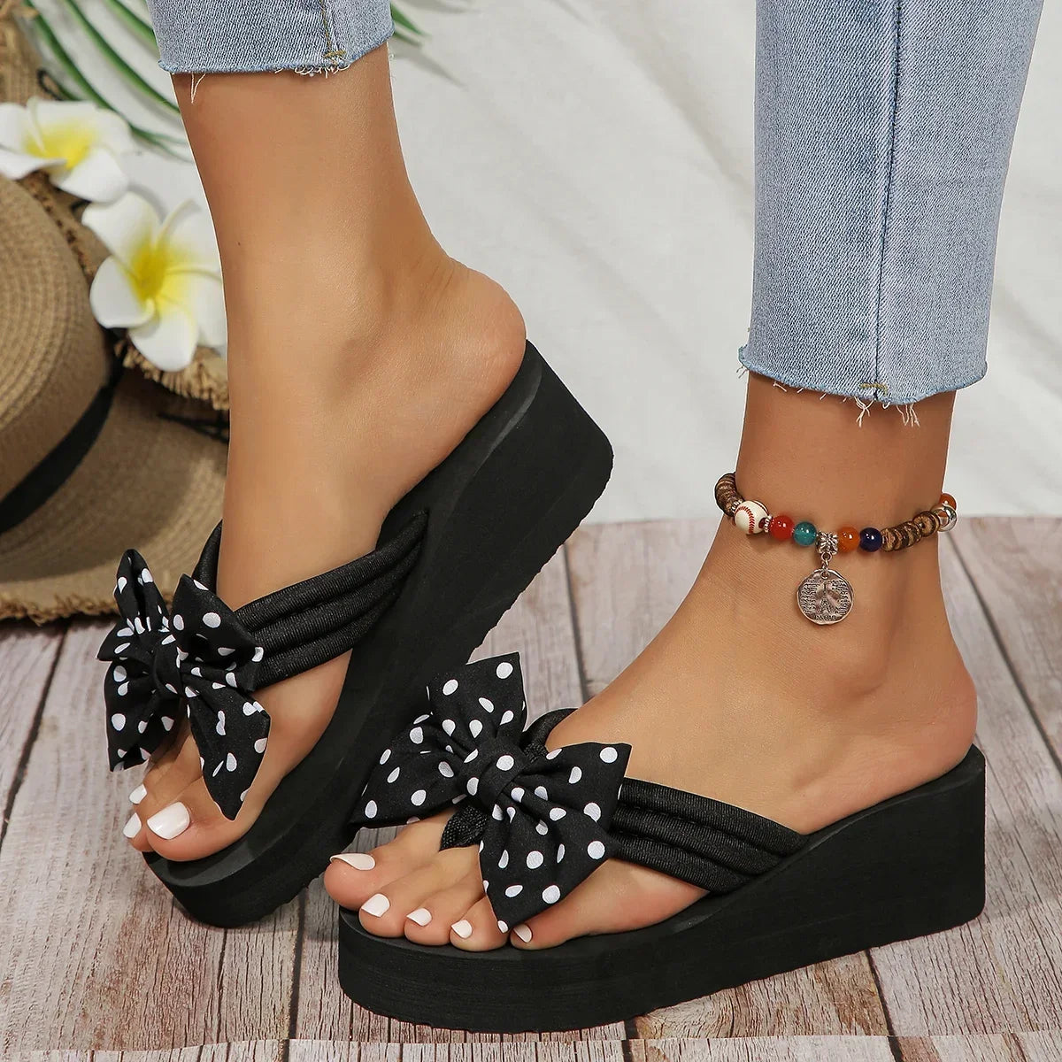 Women’s Polka Dot Bow Wedge Sandals - Lightweight EVA Platform Beach Flip Flops