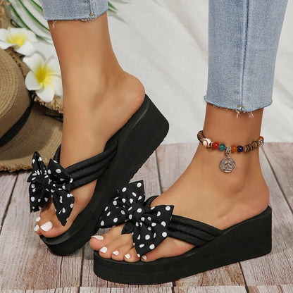 Women’s Polka Dot Bow Wedge Sandals - Lightweight EVA Platform Beach Flip Flops