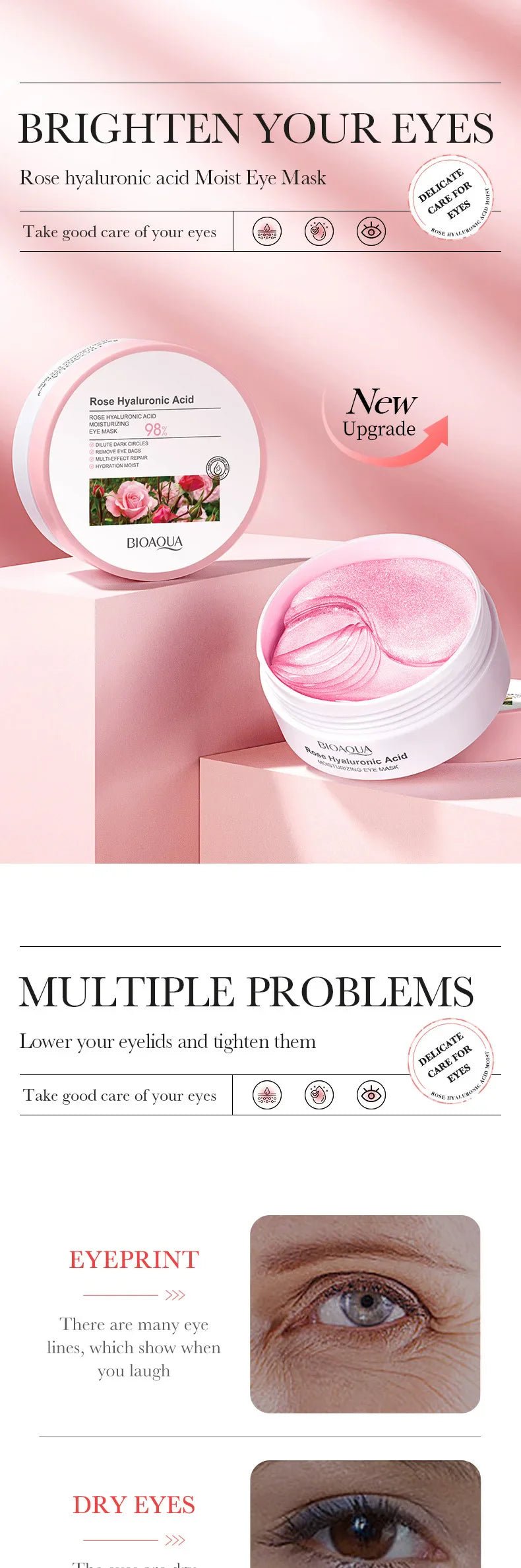 60PCS BIOAQUA Rose Hyaluronic Acid Eye Masks – Anti-Dark Circles, Eye Bags, Moisturizing & Firming Skincare Patches