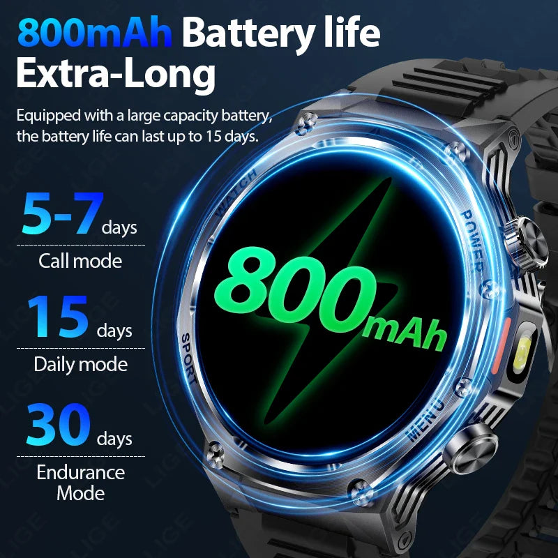 LIGE 2025 Smartwatch for Men — 800mAh Ultra Long Battery, Waterproof Outdoor Sport Watch with Bluetooth Call & Military Design