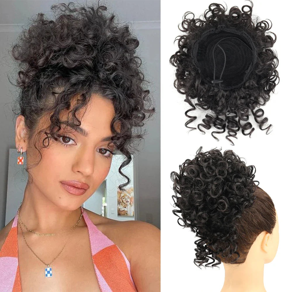 Synthetic Messy Bun Hair Piece – 60g Elastic Drawstring Curly Wave Hair Bun Extension for Women (Dark Brown)