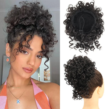 Synthetic Messy Bun Hair Piece – 60g Elastic Drawstring Curly Wave Hair Bun Extension for Women (Dark Brown)