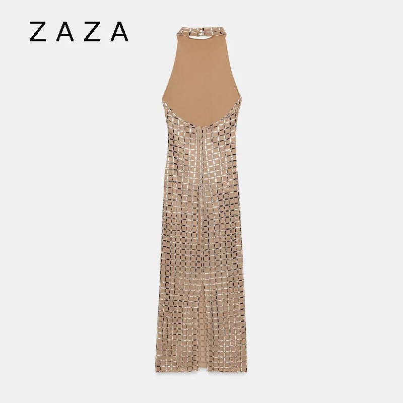 Zaza Chic Elegant Shiny Maxi Dress – Sleeveless High Neck Slim Fit Party Dress for Women