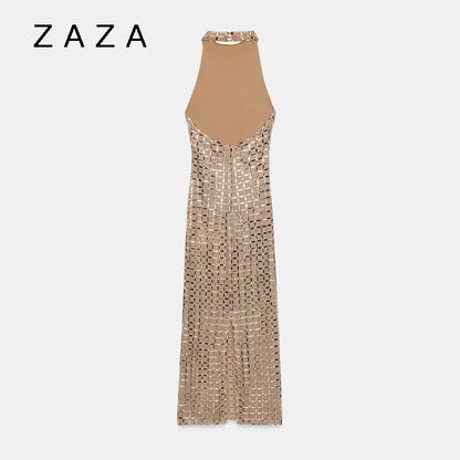 Zaza Chic Elegant Shiny Maxi Dress – Sleeveless High Neck Slim Fit Party Dress for Women