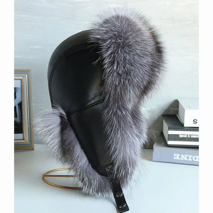 Natural Raccoon & Fox Fur Russian Ushanka Hat – Women’s Black Winter Bomber Cap with Ear Flaps