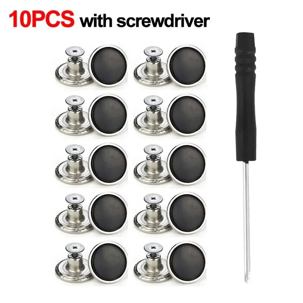 10Pcs 17mm Metal Jeans Buttons – No-Sew Screw Replacement Repair Kit for Pants & Denim