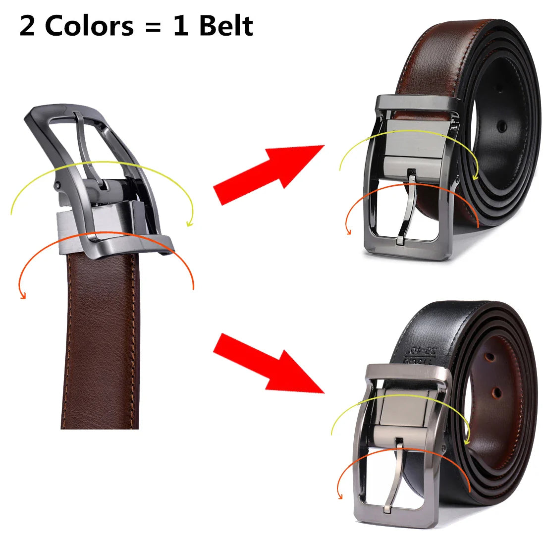 Men’s Genuine Leather Reversible Belt – 2-in-1 Rotated Buckle for Big & Tall Sizes