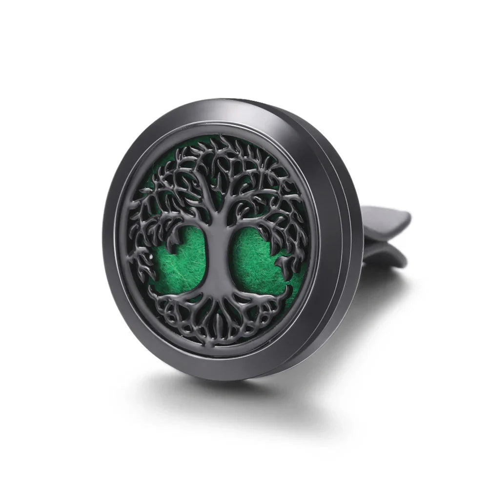 All-Black Tree of Life Car Air Freshener – Stainless Steel Aromatherapy Essential Oil Diffuser Locket Pendant