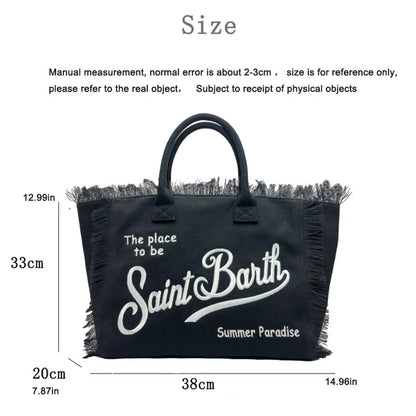 Saint Barth Large Capacity Women's Beach Handbag – European & American Style, Deep Blue Striped Tassel Tote