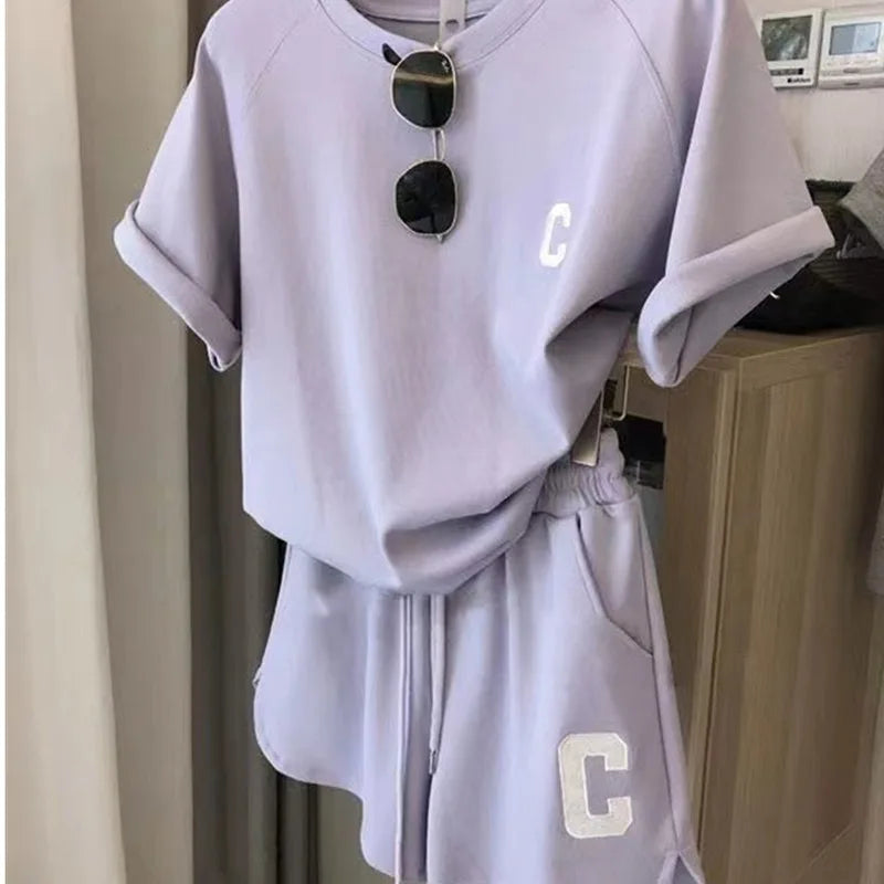 Women’s 2-Piece Summer Lounge Set – Loose Fit Short Sleeve T-Shirt & Casual Shorts Pajama Set, Letter Print Sports Outfit Plus Size