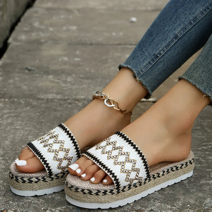 Bohemian Weave Women's Platform Slippers – Handmade Espadrille Sandals, Summer 2023 Beach & Casual Heels