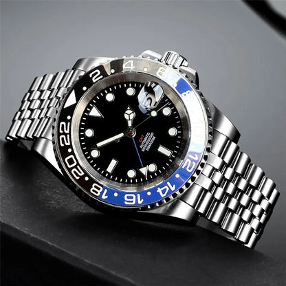Tandorio 40mm Men’s Automatic Watch – NH34A Movement, GMT Function, Luminous Black Dial, Sapphire Crystal, Auto Date & Rotating Bezel