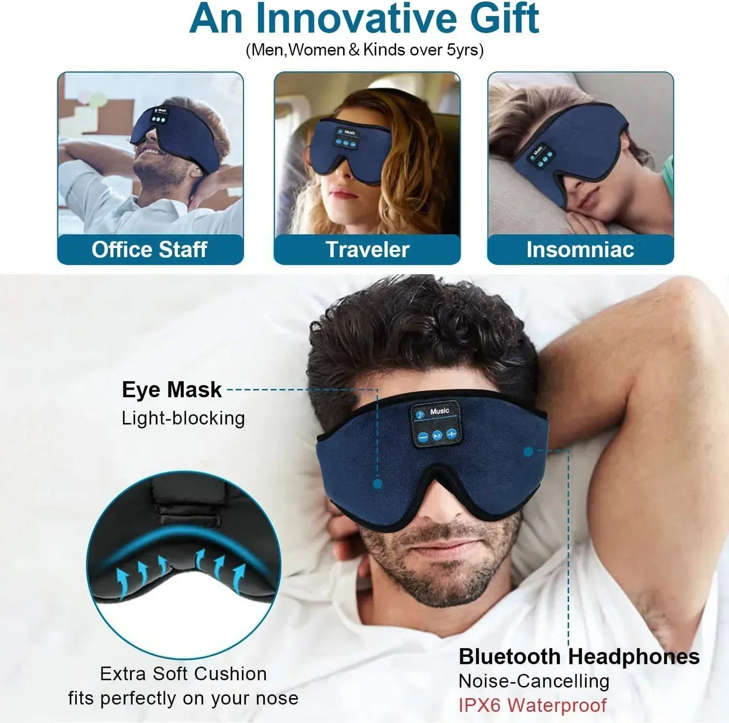 3D Bluetooth 5.0 Sleep Headphones - Wireless Headband with Breathable Music Eye Mask, Ideal for Side Sleepers and Gift-Giving