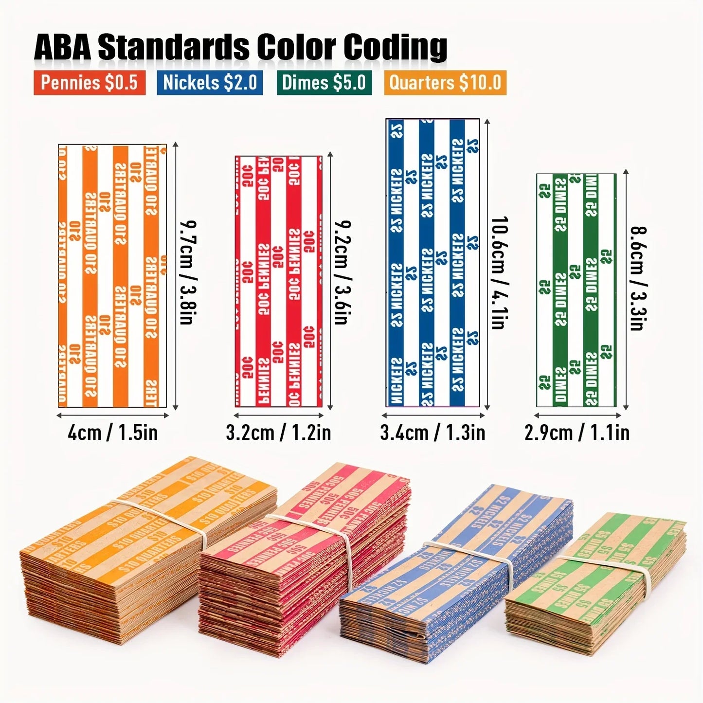 150pcs Assorted Coin Wrappers – ABA Standard Flat Striped for Quarters, Dollars, Dimes, Nickels & Pennies