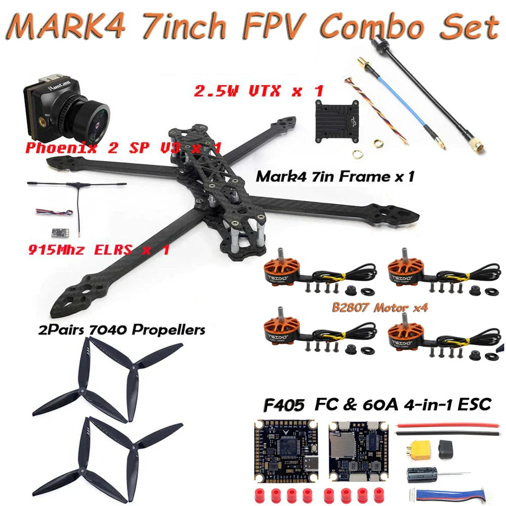 MARK4 7" Carbon Fiber FPV Drone Kit — B2807 Brushless Motors, F405 FC, 60A ESC, 7040 Props & 2.5W VTX Camera (DIY)