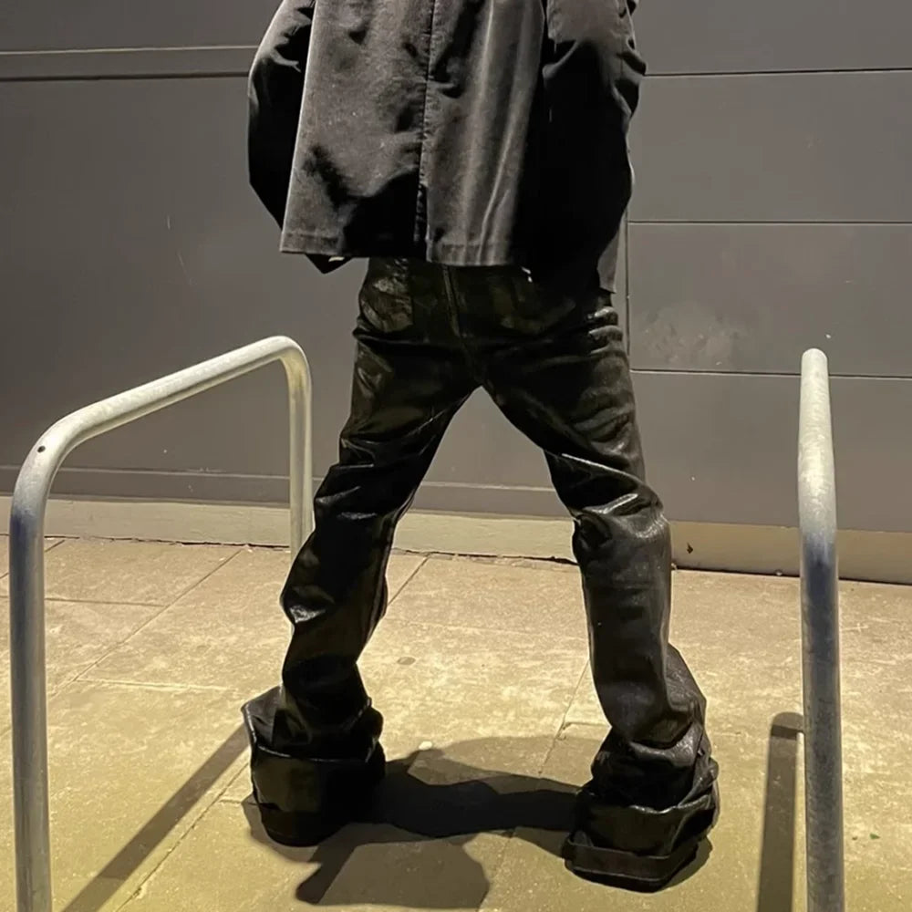 Men’s Streetwear Black Wax Leather Stretch Jeans — Baggy Y2K Flare Oversized Straight Denim Trousers