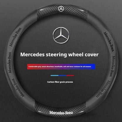 Mercedes-Benz Carbon Fiber Leather Steering Wheel Cover — Anti-Slip Fit for A/B/C/E/S/V/R-Class, C43, CLA, GLA, GLB, GLC, GLK, SLK, SL, Vito