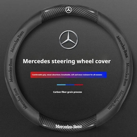 Mercedes-Benz Carbon Fiber Leather Steering Wheel Cover — Anti-Slip Fit for A/B/C/E/S/V/R-Class, C43, CLA, GLA, GLB, GLC, GLK, SLK, SL, Vito