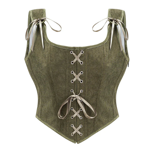 Army Green Victorian Vintage Vest – Women’s Lace-Up & Side Zipper Punk Goth Corset Tank Top