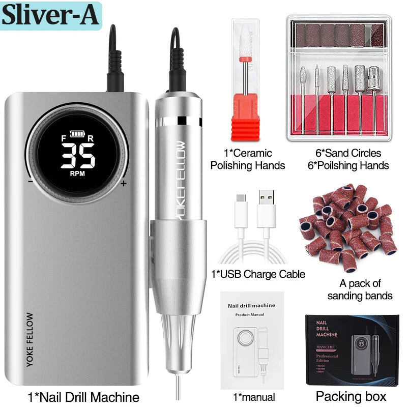 YOKEFELLOW Professional Nail Drill Kit – 35000RPM Rechargeable Electric Nail File for Manicure, Acrylic & Gel Nails
