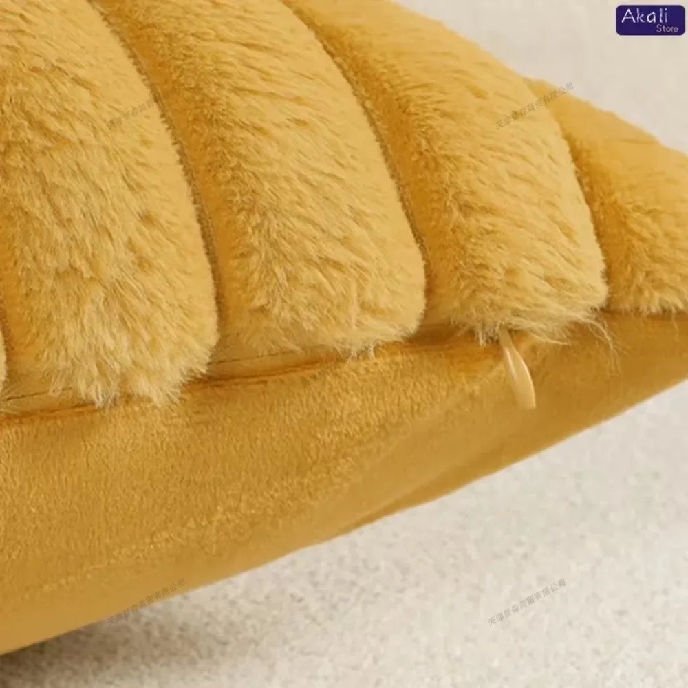 Faux Rabbit Fur Cushion Cover – Plush Soft Fluffy Striped Decorative Pillowcase for Luxury Sofa Home Decor
