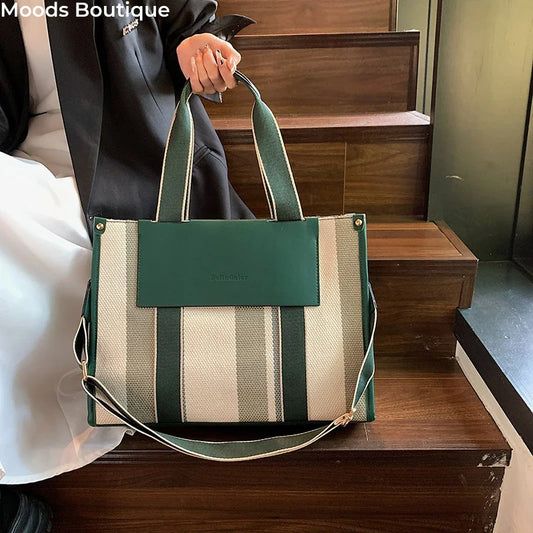 MOODS Quality Canvas Tote Bag for Women 2023 – Luxury Designer Handbag, Contrast Color Striped, Big Shoulder Crossbody Shopper Totes
