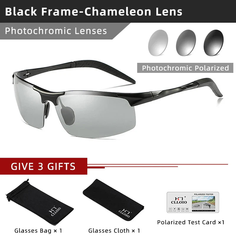 CLLOIO Aluminum Photochromic Sunglasses – Polarized Day & Night Chameleon Glasses for Men, Anti-Glare, UV Protection, Color Changing Sun Glasses