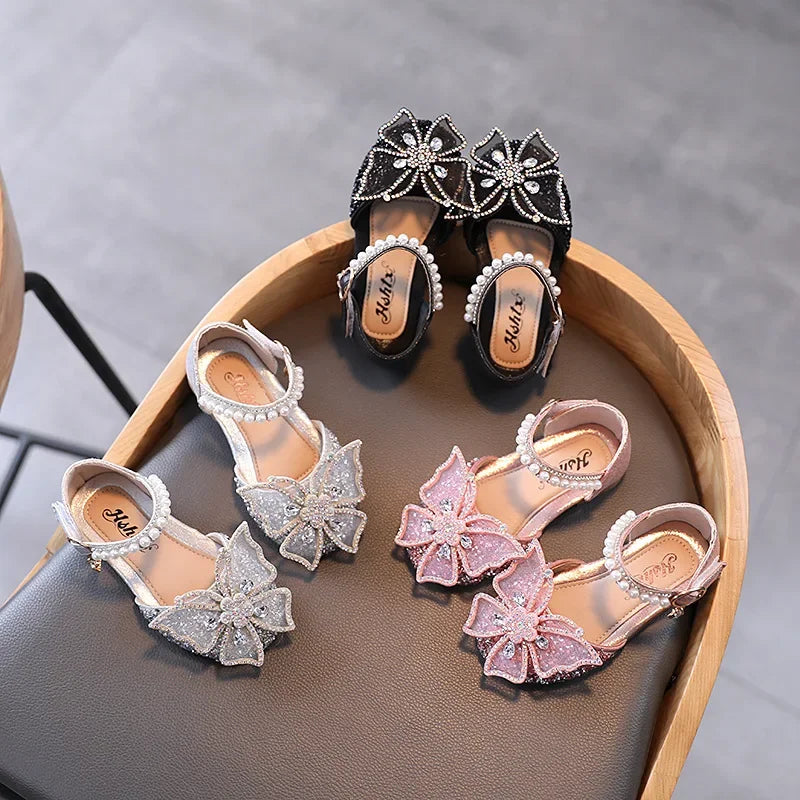Girls' Sequin Bow Sandals - Rhinestone Princess Flat Shoes for Baby Girls, Sizes 21-35