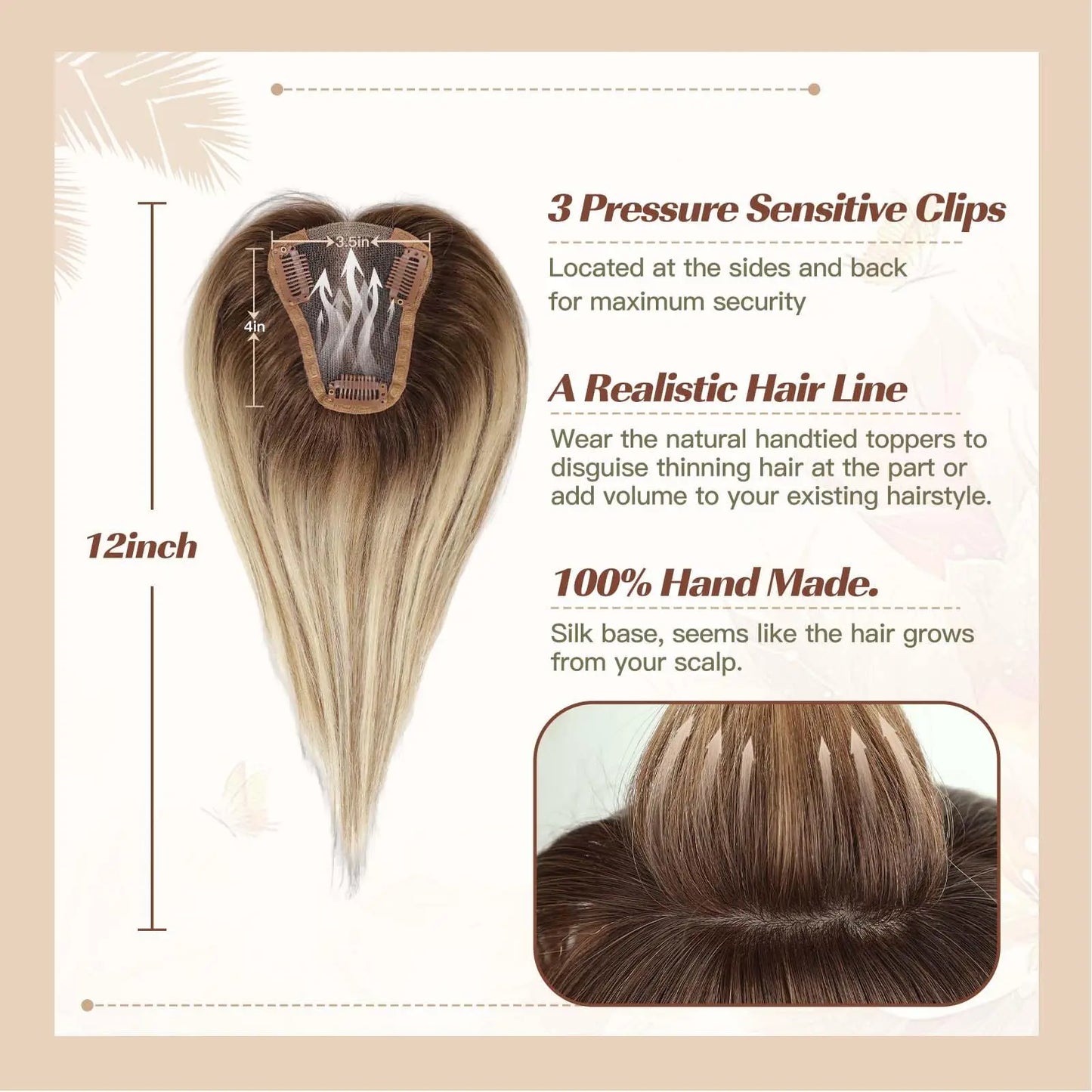Blonde Brown Ombre Hair Topper – 100% Remy Human Hair, 12" Silk Base, 150% Density, 3-Clip Hairpiece for Women