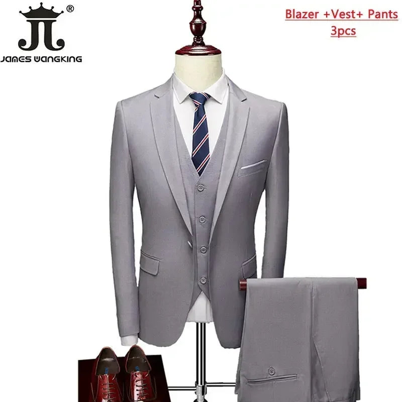 Men's 3 Piece Suit Set - Solid Color Formal Business Jacket Vest Pants Wedding Groom Party Tuxedo Outfit M-6XL