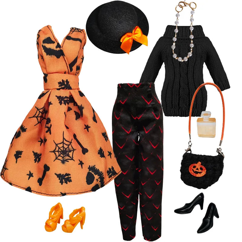 1/6 Doll Halloween Cosplay Outfit – Witch Dress, Cap, Belt, Bag & Broom for 12" BJD / 30cm Dolls