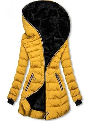 2025 Women’s Winter Parka – Hooded Solid Zipper Midi Coat with Pockets, Slim Fit Long Sleeve Warm Casual Jacket
