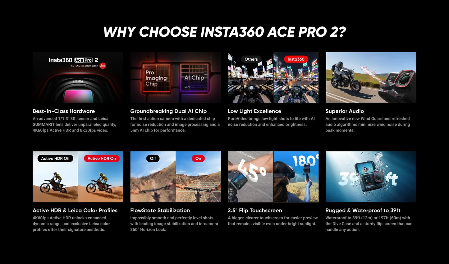Insta360 Ace Pro 2 – 8K Waterproof Action Camera Co-Engineered with Leica, 1/1.3" Sensor, Dual AI Chip, Superior Low Light Performance